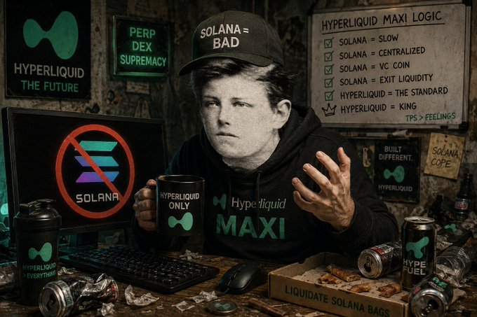 A meme-style image features a young man wearing a 'SOLANA = BAD' cap and 'Hyperliquid MAXI' hoodie, surrounded by items with text like 'PERP DEX SUPREMACY', 'HYPERLIQUID MAXI LOGIC', and 'LIQUIDATE SOLANA BAGS'.