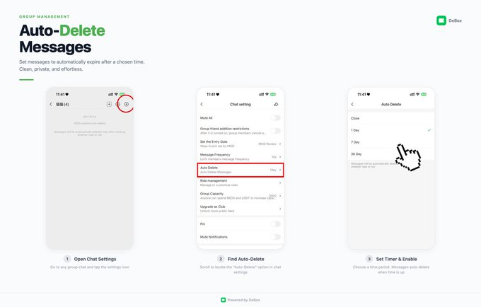 An instructional graphic showing how to set 'Auto-Delete Messages' in a chat app (Dello), with steps to open chat settings, find auto-delete, and set a timer.