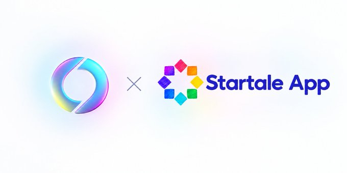 A collaboration logo banner featuring a colorful gradient 'C' symbol multiplied by the 'Startale App' logo with its multicolored geometric icon.