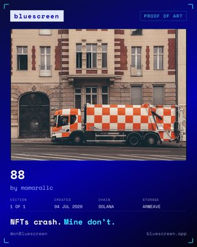 A red and white checkered truck is parked in front of an ornate European-style building, displayed as a "PROOF OF ART" listing #88 by Momoroalic on Bluescreen, created on April 26, 2025, with an NFT format and SOLANA storage—promoting the artist's new works on the blue side via @onBluescreen.