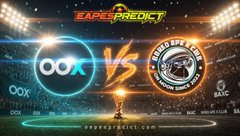 The image features a poster with two logos, one of which reads "Ooo", while the other says "Roo." The poster also displays text that reads "EavesPrediction" and "Ooo vs Roo." The background is black, but there are lights shining on it, making it appear as if someone is watching an event.
  The image seems to be related to a sports game or competition, possibly involving the use of e-cigarettes.