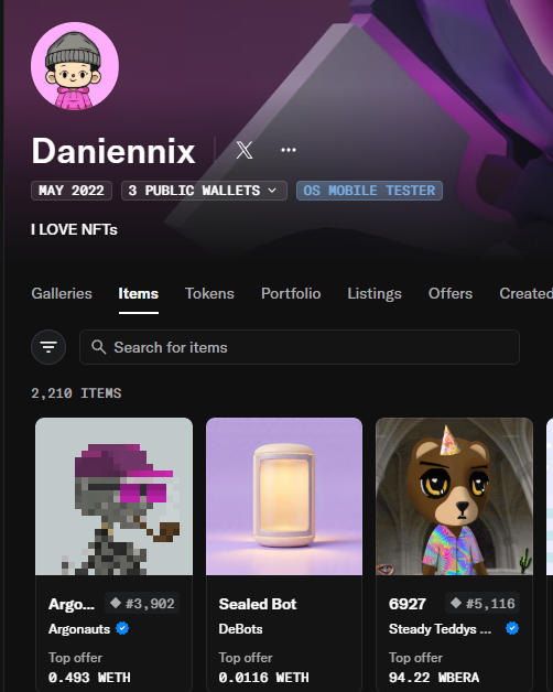 A screenshot of the NFT collector profile "Daniennix" on OpenSea, showing their collection with 2,210 items including "Argo..." (#3,902) from the Argonauts collection, "Sealed Bot" from DeBots, and "6927" (#5,116) from Steady Teddy. The "Argo..." Argonauts NFT, listed with a top offer of 0.493 WETH, appears to be the prize won from the Debot minting raffle mentioned in the post.