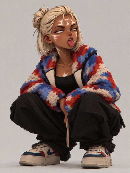 A digital art character illustration of a blonde woman with white markings on her face, wearing a colorful star-patterned fleece jacket, black pants, and sneakers, crouching down with her tongue out.