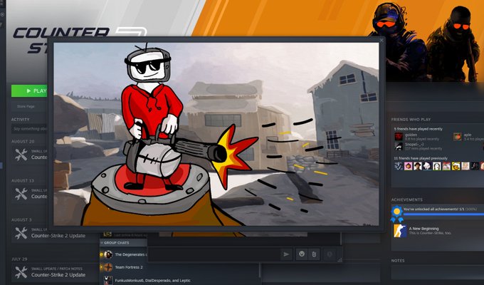 A screenshot of the Counter-Strike 2 game launch screen showing a cartoon character firing a machine gun in the menu background.