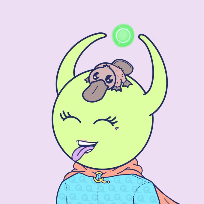 A cartoon illustration features a green alien-like character with horns and a turtle on its head, sticking out its tongue, wearing a teal Gucci-patterned shirt and an orange cape, with a green ring floating above.