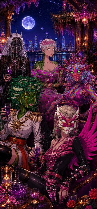 A vibrant, surreal fantasy illustration depicts masked and elaborately dressed figures at a glamorous party under a full moon with a city skyline in the background.
