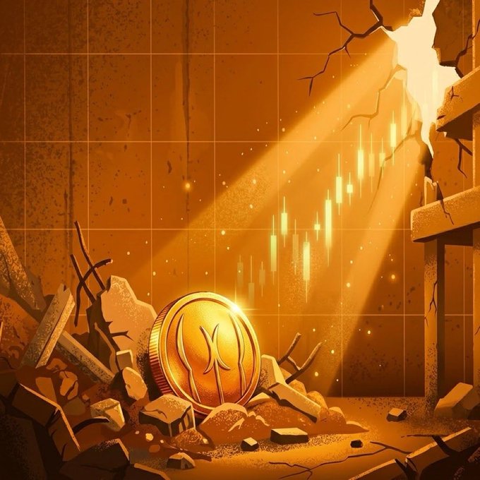 The image shows a golden Bitcoin coin resting in rubble beneath a broken, glowing orange light, with faint candlestick chart patterns visible in the illuminated crack—symbolizing "$buttcoin" as a fragile, crumbling asset of the people, humorously portrayed as something broken yet still glowing.