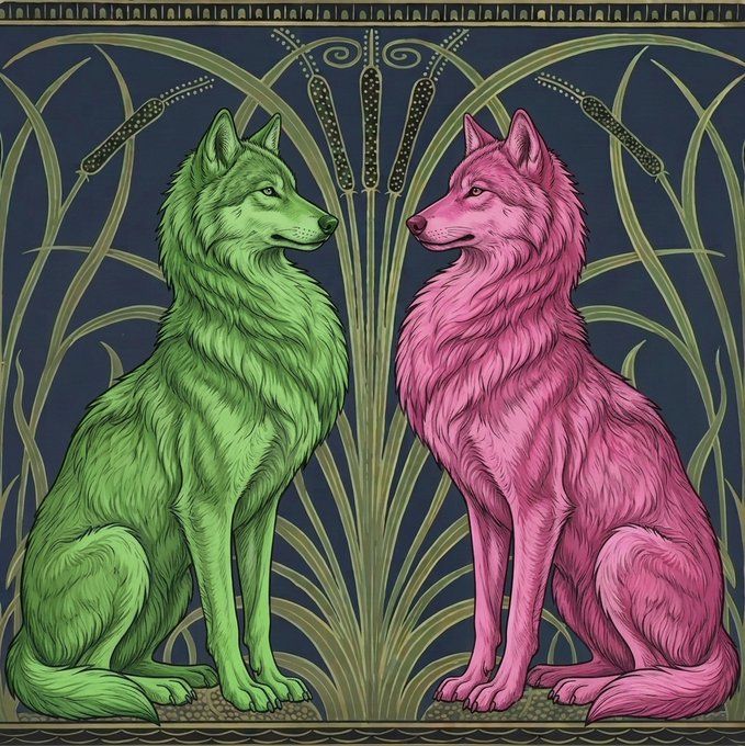 An ornate, symmetrical illustration of two wolves, one colored bright green and the other bright pink, sitting opposite each other against a dark blue background with gold art nouveau-style botanical patterns.