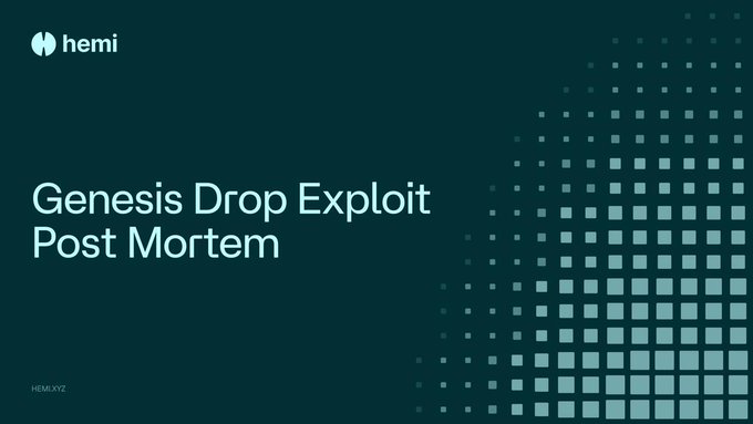 A dark teal slide with the 'hemi' logo in the top left and the text 'Genesis Drop Exploit Post Mortem' in white.