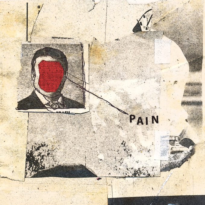 A mixed-media collage artwork on aged paper featuring a portrait of a man with a red, halftone-dotted face block, with the word 'PAIN' stamped on the right side.