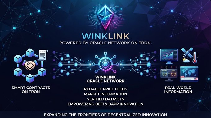 A promotional graphic for 'WINKLINK - POWERED BY ORACLE NETWORK ON TRON', highlighting features like 'SMART CONTRACTS ON TRON', 'RELIABLE PRICE FEEDS, MARKET INFORMATION, VERIFIED DATASETS', and 'REAL-WORLD INFORMATION'.