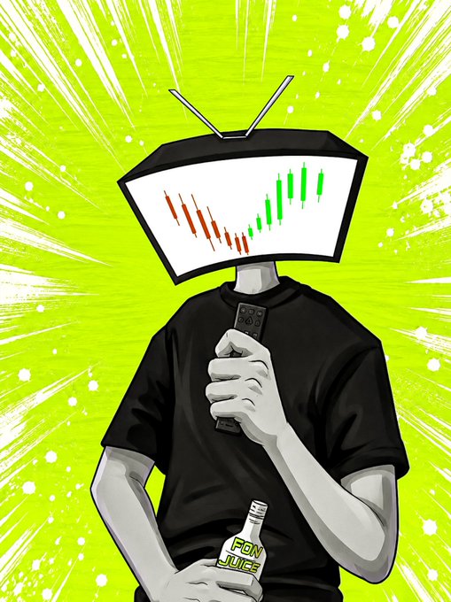 Digital illustration of a person with a TV head displaying a green and red candlestick chart, wearing a black shirt, holding a remote and a bottle labeled 'PON JUICE' against a green background.