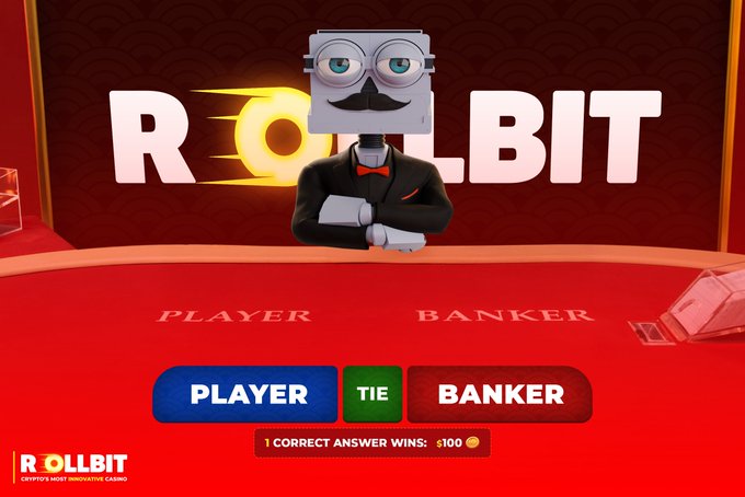 A 'ROLLBIT' advertisement features an animated robot dealer wearing a monocle and mustache behind a Baccarat table with 'PLAYER' and 'BANKER' betting options.