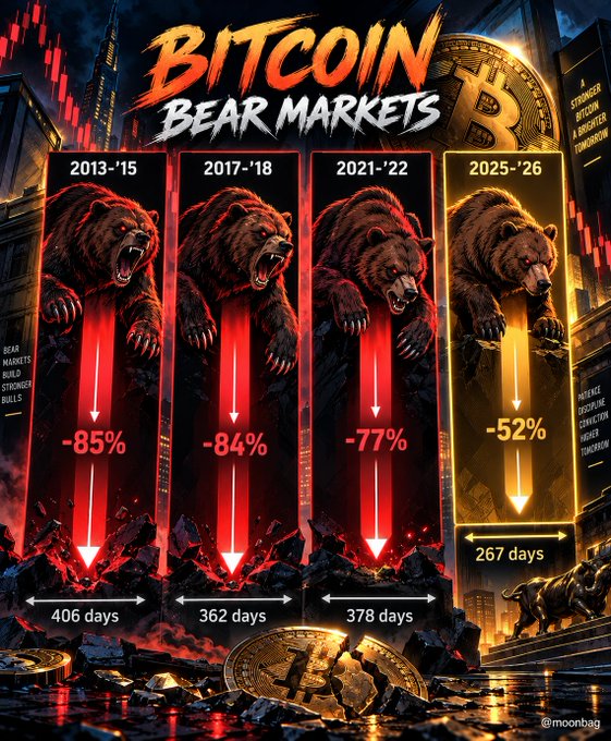 An infographic titled "Bitcoin Bear Markets" compares historical downturns—2013-15 (-85% over 406 days), 2017-18 (-84% over 362 days), 2021-22 (-77% over 378 days), and 2025-26 (-52% over 267 days)—using descending arrows and roaring bears. The visual supports the post's claim that the current cycle's milder 52% drawdown is the shallowest yet, suggesting that the anticipated "real capitulation" has likely already passed.