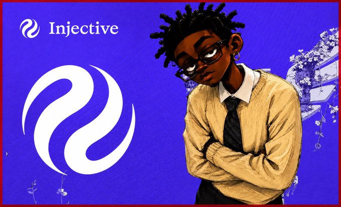 An illustration featuring a character with glasses and crossed arms in a yellow shirt and tie, set against a blue background with the 'Injective' logo and name.