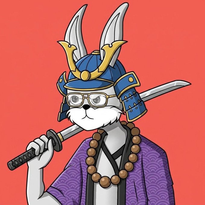 A cartoon illustration of a white rabbit dressed as a samurai with a blue helmet, glasses, purple kimono, and wooden prayer beads, holding a katana on a red background.