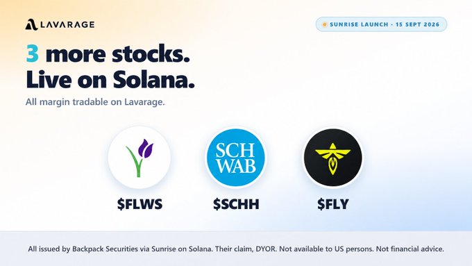 A promotional announcement from 'Lavarage' titled '3 more stocks. Live on Solana.' dated 'SUNRISE LAUNCH - 15 SEPT 2026', featuring tickers '$FLWS', '$SCHW', and '$FLY' with disclaimer text about Backpack Securities and US persons.