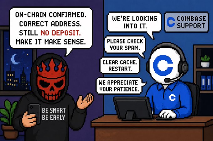 A frustrated Coinbase user wearing a flame skull mask ("Be Smart Be Early") argues with a Coinbase Support rep who offers scripted responses ("We're looking into it," "Please check your spam," "Clear cache. Restart," "We appreciate your patience") while the user gestures that their ETH deposit is confirmed on-chain to the correct address but never credited to their account.