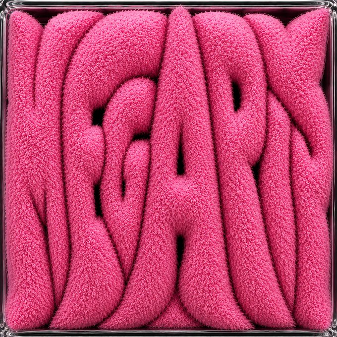 A 3D rendered image of pink carpet-like or fuzzy material twisted into a tangled pattern within a square frame.