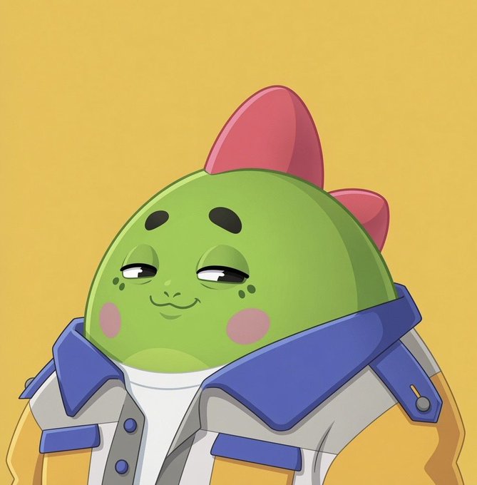 A digital illustration of an anime-style character with a green, egg-shaped head, pink ear-like protrusions, and a smug expression, wearing a blue-collared jacket over a white shirt against a yellow background.