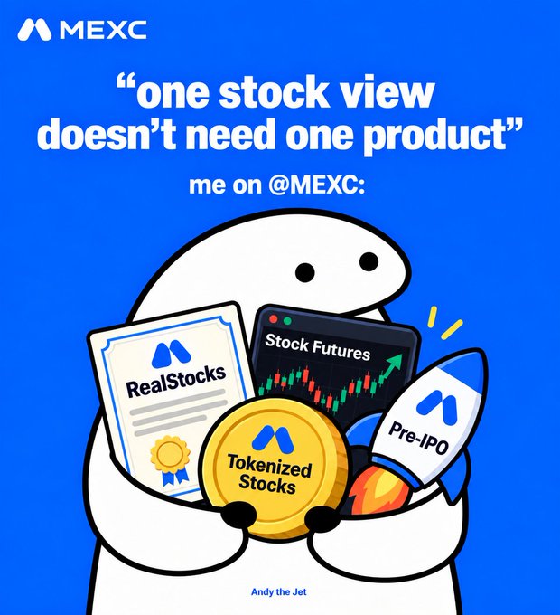 A MEXC promotional graphic with the text 'one stock view doesn't need one product' featuring a cartoon character holding icons for RealStocks, Stock Futures, Tokenized Stocks, and Pre-IPO.