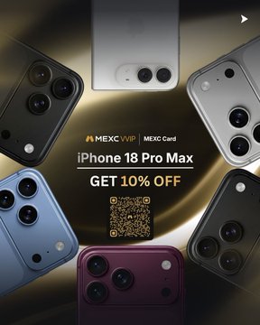 An advertisement displaying multiple iPhone 18 Pro Max models in various colors with text 'MEXC VIP | MEXC Card', 'iPhone 18 Pro Max', and 'GET 10% OFF' alongside a QR code.