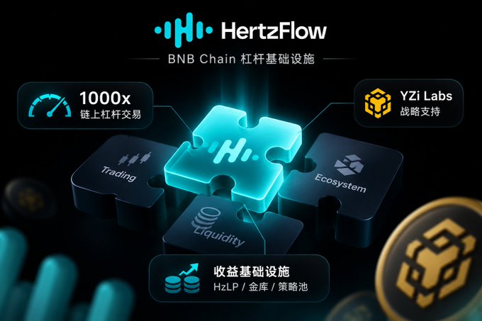 A promotional graphic for 'HertzFlow' highlights it as 'BNB Chain 杠杆基础设施' (Leverage Infrastructure) with features including '1000x 链上杠杆交易' (1000x On-chain Leverage Trading), 'YZi Labs 战略支持' (YZi Labs Strategic Support), Trading, Ecosystem, Liquidity, and '收益基础设施' (Yield Infrastructure).