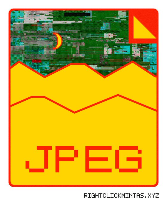 A digital artwork styled as a JPEG file icon, featuring a glitchy pixelated sky with a crescent moon above yellow mountains, with 'JPEG' and 'RIGHTCLICKMINTAS.XYZ' written in red.