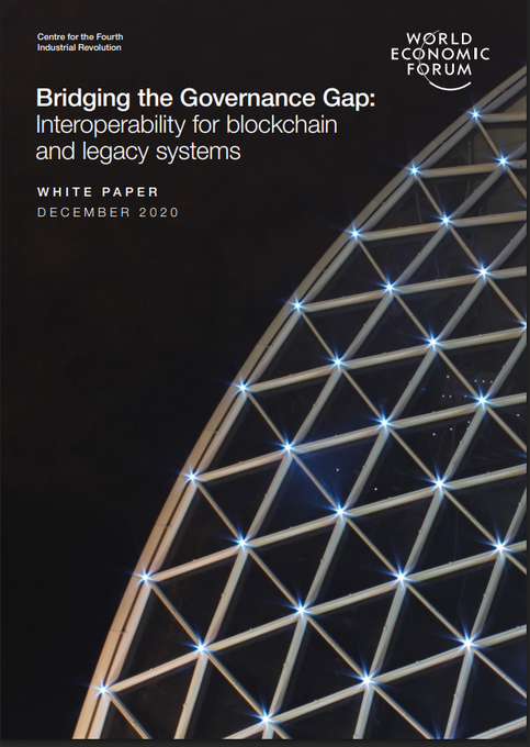 A World Economic Forum white paper cover from December 2020 titled "Bridging the Governance Gap: Interoperability for blockchain and legacy systems," published by the Centre for the Fourth Industrial Revolution. The image relates to the post as a reference to Chainlink's Universal Gateway Token (UGT), which the poster claims has been discussed since this paper's December 2020 publication date, highlighting how blockchain interoperability and off-chain middleware concepts were being addressed nearly six years prior.