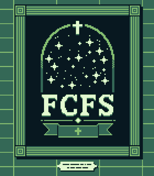 A pixel-art green tombstone design displaying "FCFS" beneath a starry arched window, complete with a cross and decorative banner. The funeral-themed graphic visually reinforces the post's urgent warning to act fast on the Galleria's First-Come-First-Served NFT drops on OpenSea, with the tombstone imagery humorously suggesting that hesitation means missing out.