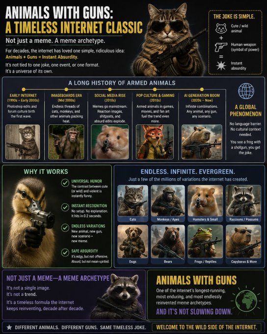 An infographic titled 'ANIMALS WITH GUNS: A TIMELESS INTERNET CLASSIC' detailing the meme archetype's evolution through different internet eras, featuring various armed animals.