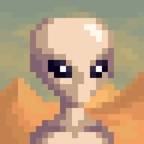 Pixel art portrait of a bald character with large expressive eyes against a soft green and orange blurred background.