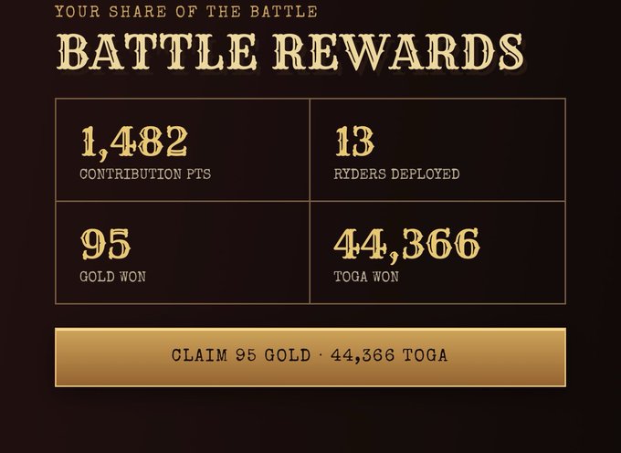 A 'BATTLE REWARDS' screen showing 1,482 contribution points, 13 riders deployed, 95 gold won, and 44,366 TOGA won, with a button to claim 95 gold and 44,366 TOGA.