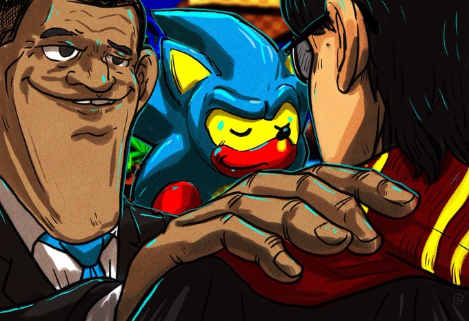 A stylized comic illustration shows two men in suits shaking hands with a sleeping blue creature resembling a Pikachu between them.