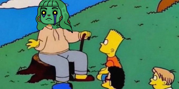 A green-skinned, teary-eyed cartoon character sits defeated on a tree stump holding a sword, facing Bart Simpson and another child, evoking the loneliness and struggle of solo crypto minters during the early "Gas Wars" when brave individuals armed with little ETH battled to mint NFTs without allowlists or team support.