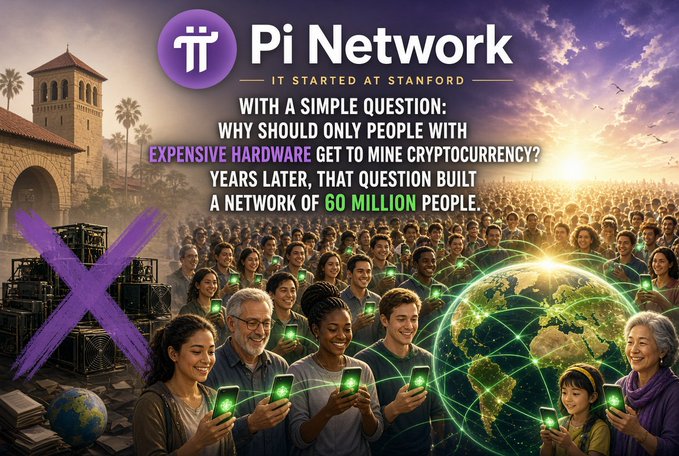 Pi Network promotional image claiming the project started at Stanford with a simple question about mining cryptocurrency, now boasting a network of 60 million people.
