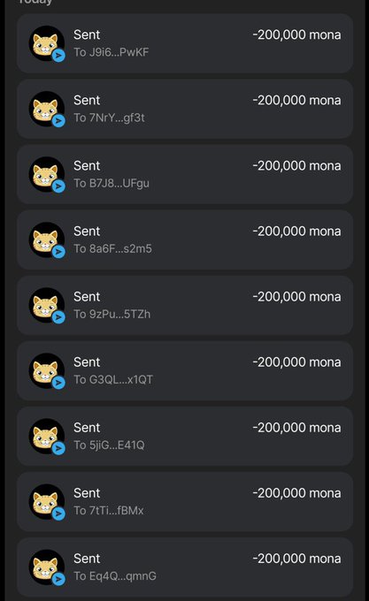 A mobile app screen showing a transaction history with multiple entries of 'Sent -200,000 mona' to various truncated wallet addresses, each marked with a Shiba Inu icon.