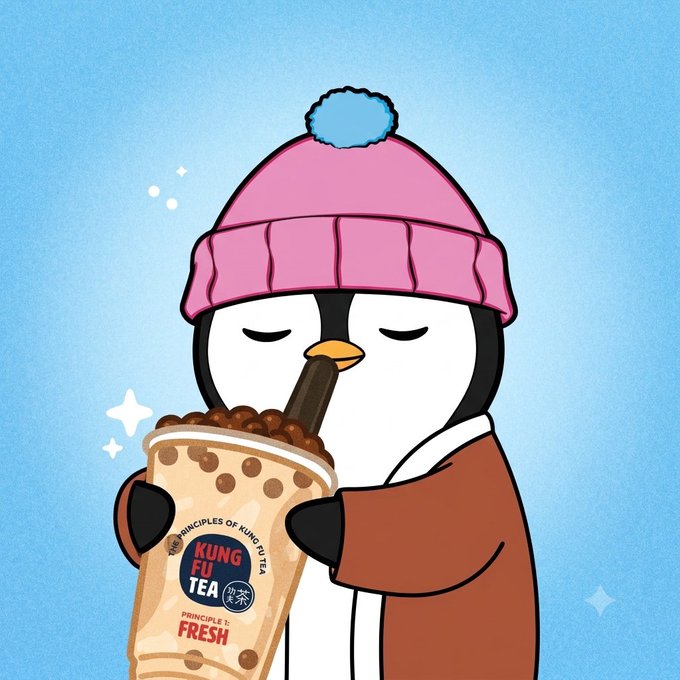 A cartoon illustration of a penguin wearing a pink beanie and brown robe, holding a large bubble tea branded 'KUNG FU TEA' with its eyes closed in enjoyment.