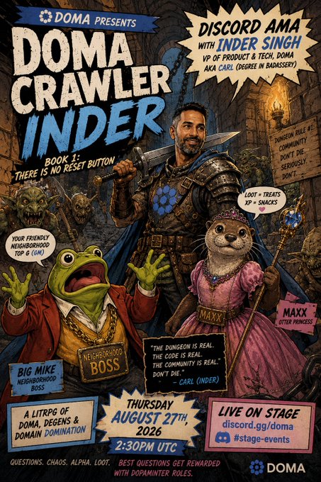 A fantasy-themed event poster advertises 'DOMA CRAWLER INDER BOOK 1: THERE IS NO RESET BUTTON' as a Discord AMA with Inder Singh, VP of Product & Tech at DOMA, scheduled for Thursday, August 27th, 2026 at 2:30 PM UTC.