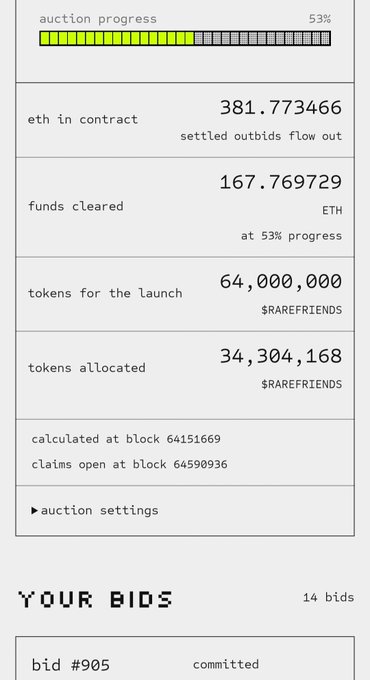 A screenshot of an auction progress interface showing 53% completion, 381.773466 ETH in contract, 167.769729 ETH funds cleared, 64,000,000 $RAREFRIENDS tokens for the launch, and 34,304,168 tokens allocated.