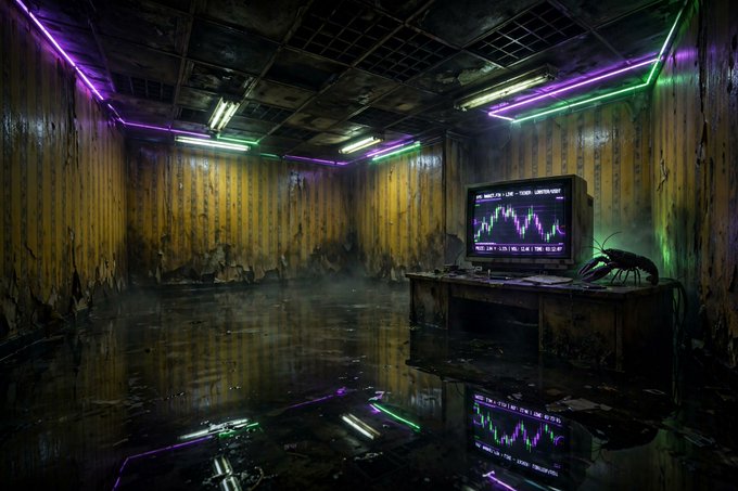 An atmospheric, abandoned cyberpunk-style room with neon lights, a CRT monitor displaying a chart, and water on the floor reflecting the colorful lights.