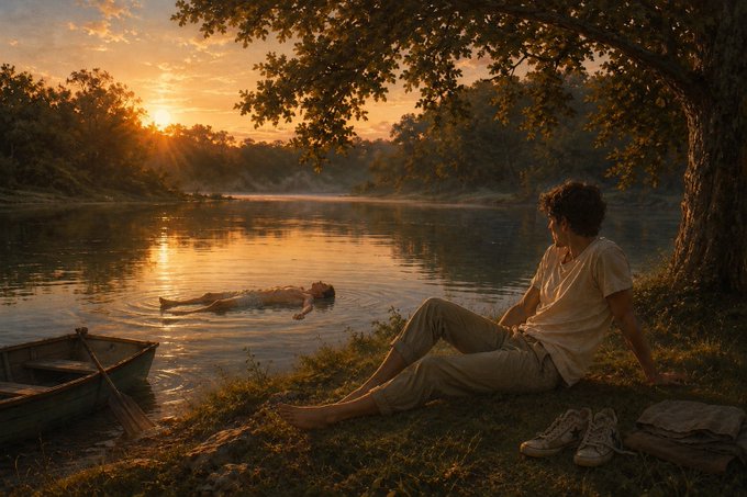 A serene sunset scene over a lake, where a man sits on the grassy shore watching another person float peacefully in the water, with a small wooden rowboat nearby.