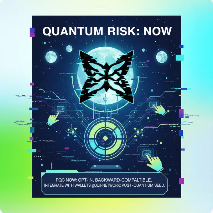 The image features an advertisement for a new service called Quantum Risk, which has been renamed after the movie "Quantum risk" from its original title. The new service, referred to as PQC (PostQuantum Coding), allows users to integrate their current digital assets with a variety of blockchain networks and exchanges. It is designed to facilitate secure and efficient transactions and data storage on Ledger Nano S devices. The advertisement highlights the importance of staying up-to-date with technological advancements, such as post-quantum cryptography, which may challenge traditional methods of securing sensitive information.