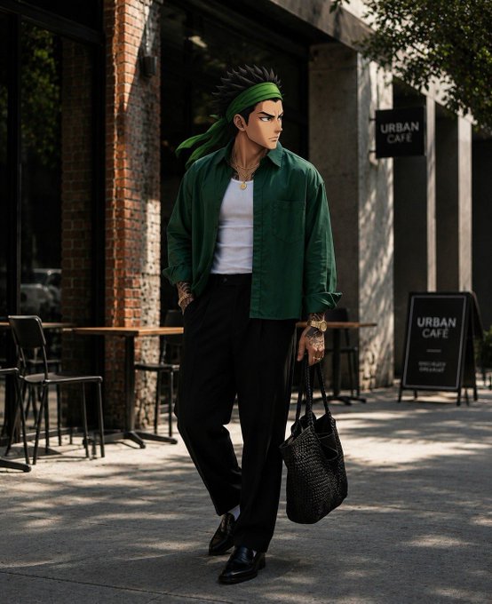 An anime-style illustration of a stylish man with a green bandana and green shirt walking past an Urban Cafe with a black tote bag.