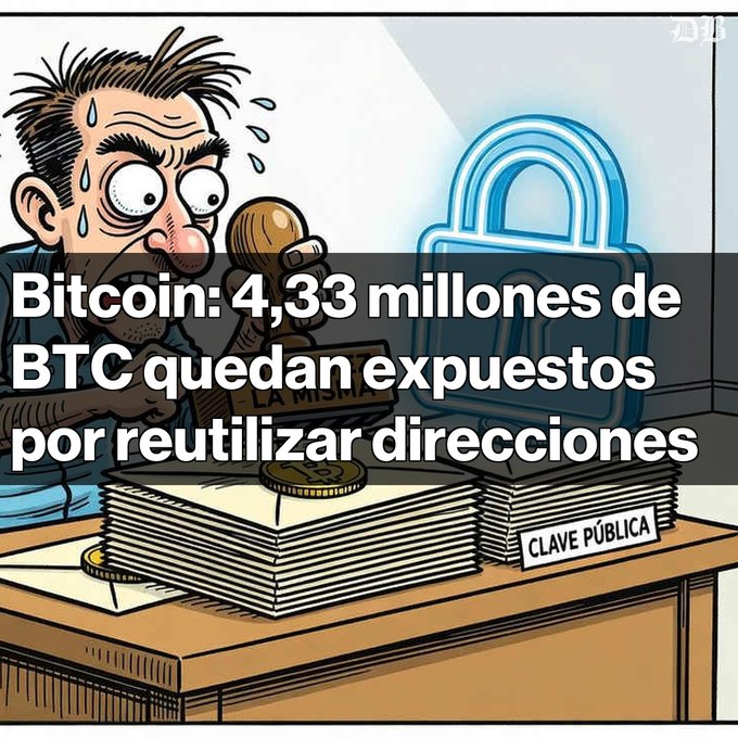 A cartoon illustration shows a sweating man stamping envelopes labeled "LA MINA" and "CLAVE PÚBLICA," with text reading "Bitcoin: 4,33 millones de BTC quedan expuestos por reutilizar direcciones."