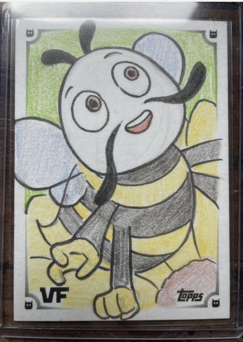 A hand-drawn, colored pencil sketch on a Topps trading card template features a cartoon bee character, marked 'VF' in the corner, signed and laminated.