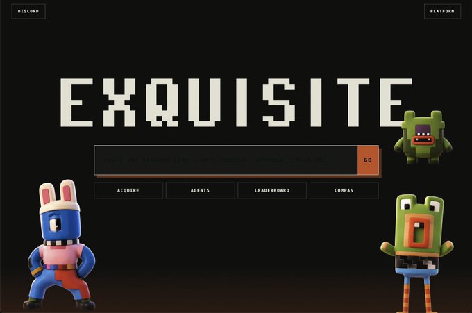 Screenshot of the 'EXQUISITE' platform homepage (discord.com/exquisite) featuring pixelated character mascots including a blue rabbit-like figure and green characters, with navigation tabs for Acquire, Agents, Leaderboard, and Compass.