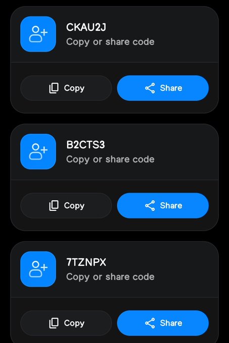 A mobile app screen displays three invite codes (CKAU2J, B2CTS3, 7TZNPX) with Copy and Share buttons for each.