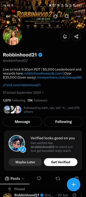 A mobile screenshot shows the Twitter/X profile of @robbinhood21 (Robbinhood21), a verified account promoting a Kick livestream event with a $5,000 leaderboard and $35,000 in prizes.