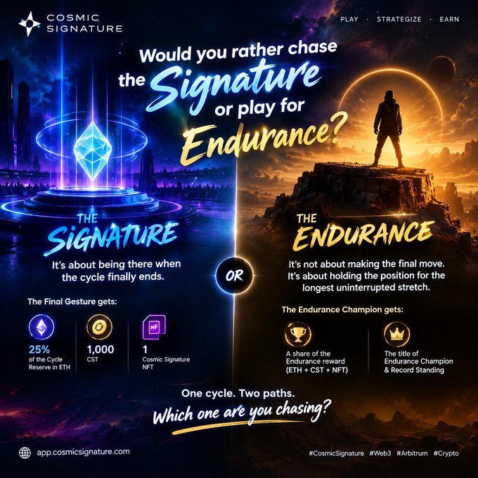 Promotional graphic for 'Cosmic Signature' cryptocurrency project, contrasting 'THE SIGNATURE' (blue diamond) versus 'THE ENDURANCE' (golden figure) with reward details.